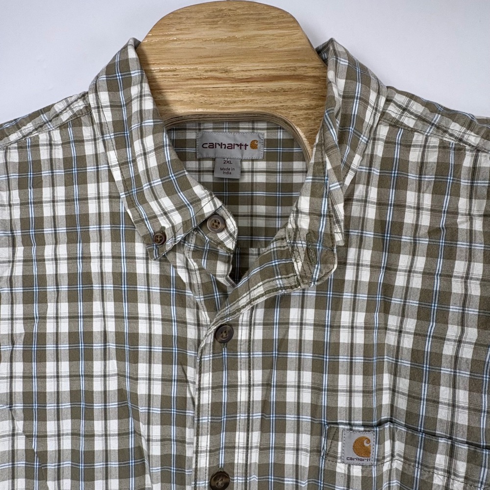 Carhartt Men's Tan & Blue Plaid Short Sleeve Relaxed‎ Fit Button Down Sz 2XL